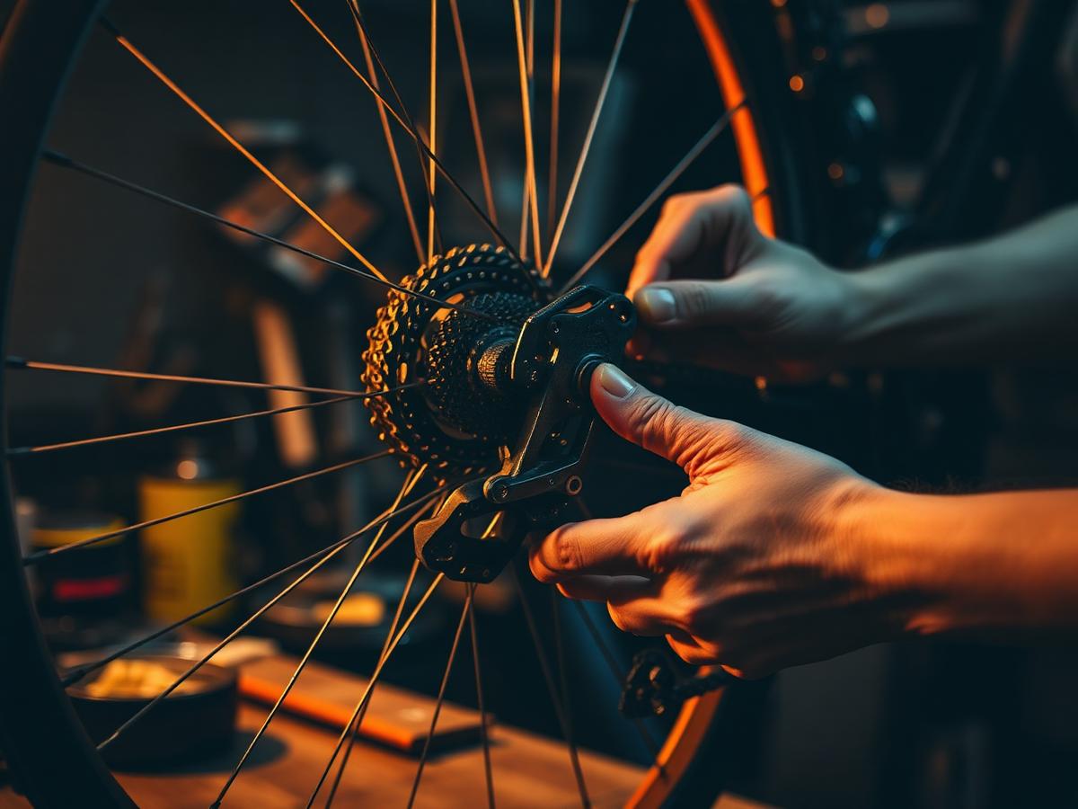 Mecánico ajustando el cambio trasero de una bicicleta en el taller